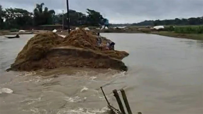 বাঁধ ভেঙে পানি ঢুকছে সুনামগঞ্জের হাওরে